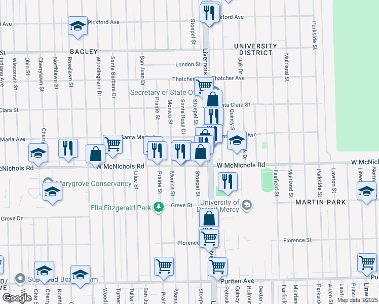 map of restaurants, bars, coffee shops, grocery stores, and more near 17197 Stoepel Street in Detroit
