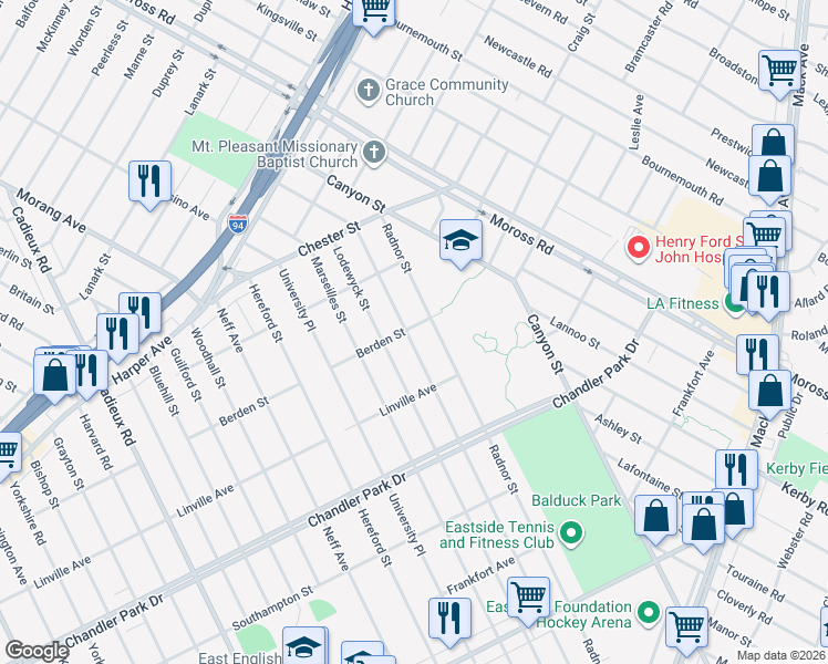 map of restaurants, bars, coffee shops, grocery stores, and more near 6113 Radnor Street in Detroit