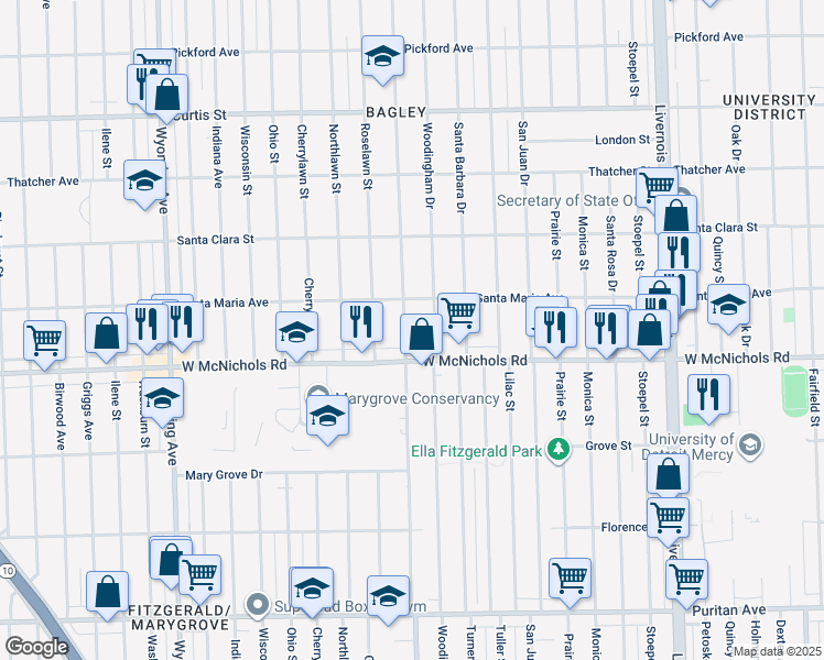 map of restaurants, bars, coffee shops, grocery stores, and more near 17158 Greenlawn Street in Detroit