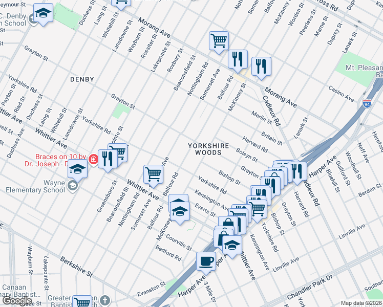 map of restaurants, bars, coffee shops, grocery stores, and more near 10474 Balfour Road in Detroit