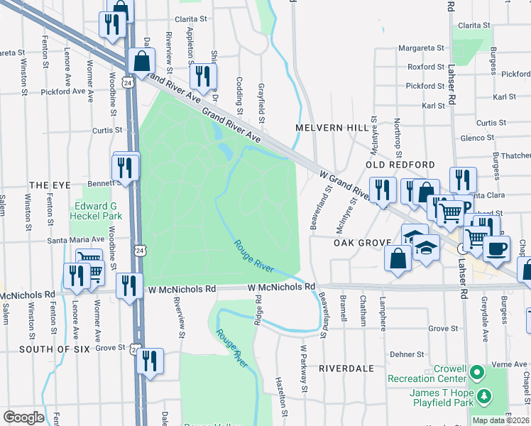 map of restaurants, bars, coffee shops, grocery stores, and more near 17439 Marene Street in Detroit