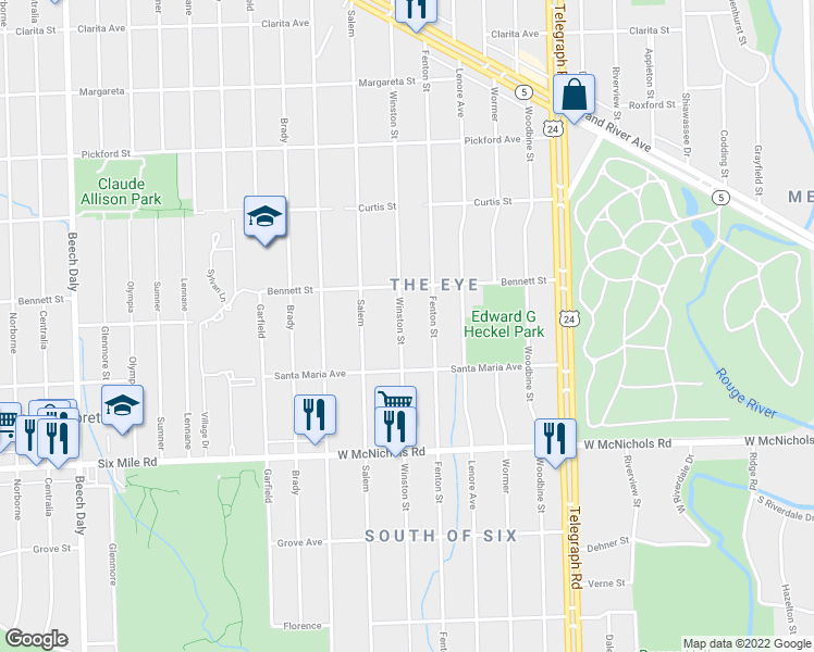 map of restaurants, bars, coffee shops, grocery stores, and more near 17364 Winston in Detroit