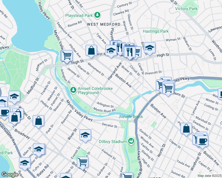 map of restaurants, bars, coffee shops, grocery stores, and more near 95 Monument Street in Medford
