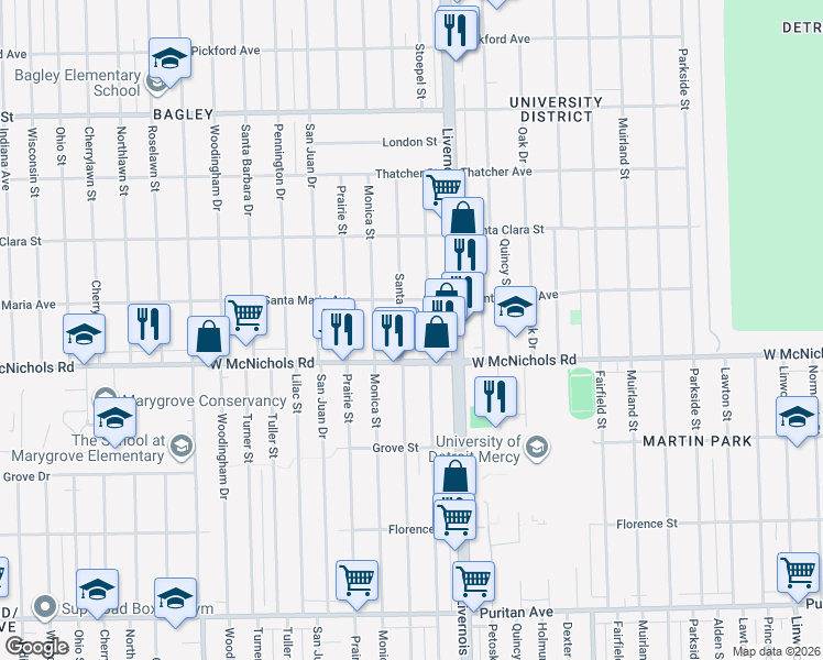 map of restaurants, bars, coffee shops, grocery stores, and more near 17197 Stoepel Street in Detroit