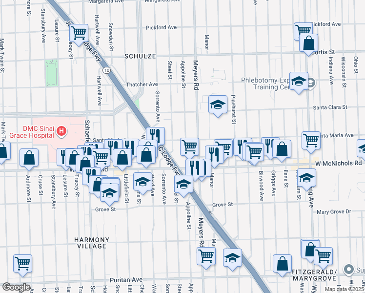 map of restaurants, bars, coffee shops, grocery stores, and more near 17195 Appoline Street in Detroit