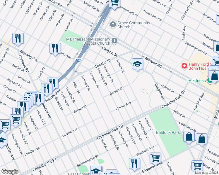 map of restaurants, bars, coffee shops, grocery stores, and more near 6183 Marseilles Street in Detroit