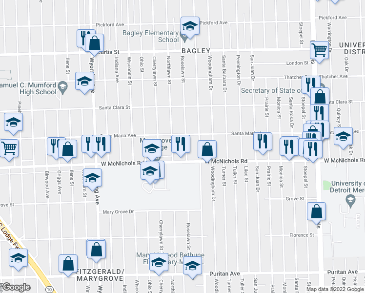 map of restaurants, bars, coffee shops, grocery stores, and more near 17167 Roselawn Street in Detroit