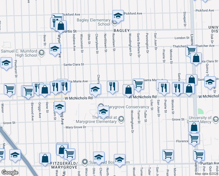 map of restaurants, bars, coffee shops, grocery stores, and more near 17195 Northlawn Street in Detroit