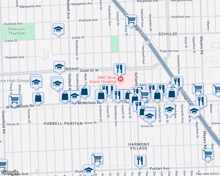 map of restaurants, bars, coffee shops, grocery stores, and more near 17201 Stansbury Avenue in Detroit