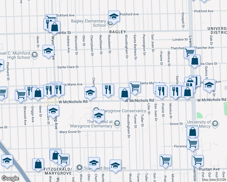map of restaurants, bars, coffee shops, grocery stores, and more near 17203 Roselawn Street in Detroit
