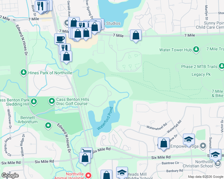 map of restaurants, bars, coffee shops, grocery stores, and more near 18137 Cascade Drive in Northville