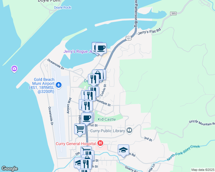 map of restaurants, bars, coffee shops, grocery stores, and more near 94256 June Street in Gold Beach