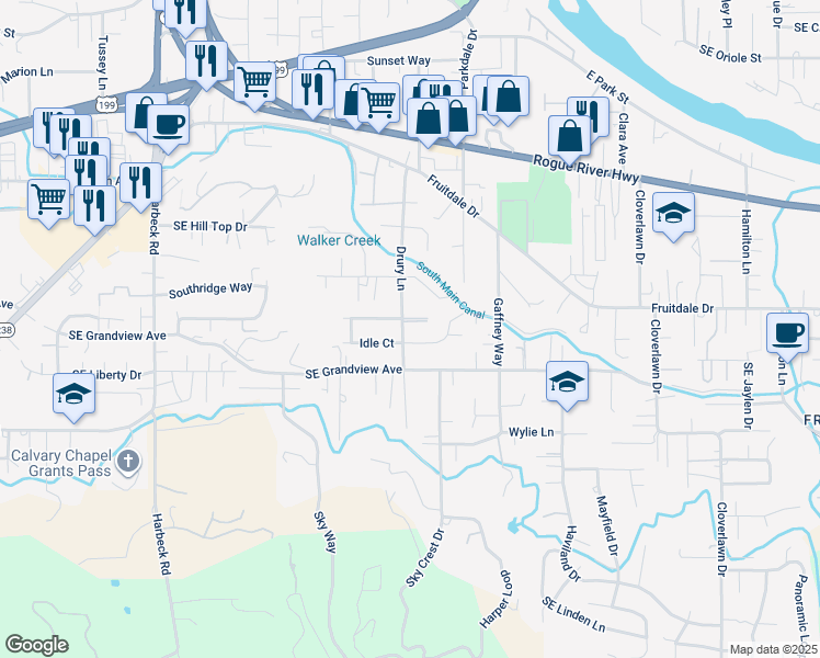 map of restaurants, bars, coffee shops, grocery stores, and more near 892 Kendall Drive in Grants Pass