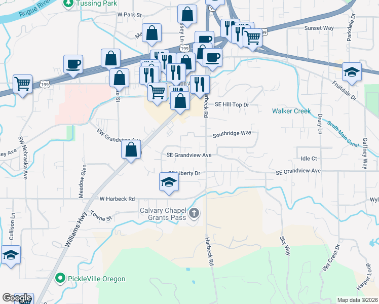 map of restaurants, bars, coffee shops, grocery stores, and more near 208 Southeast Yorktown Road in Grants Pass