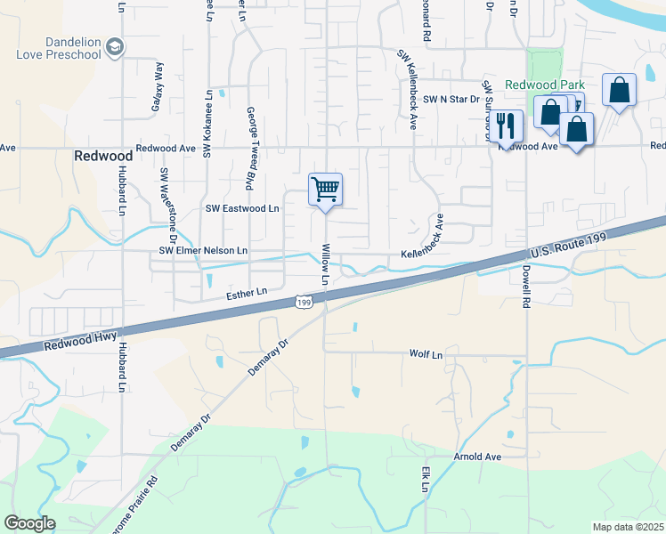 map of restaurants, bars, coffee shops, grocery stores, and more near 1885 Medart Lane in Grants Pass