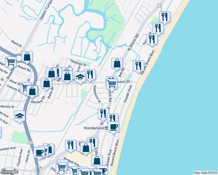 map of restaurants, bars, coffee shops, grocery stores, and more near 489 Revere Street in Revere