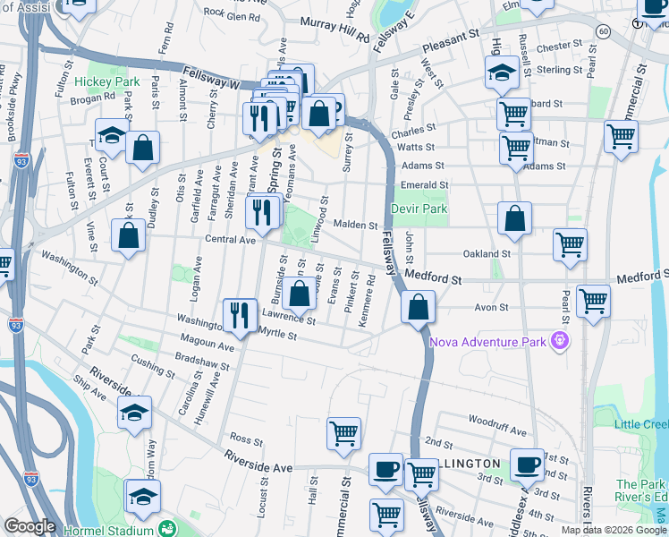 map of restaurants, bars, coffee shops, grocery stores, and more near 171 Central Avenue in Medford
