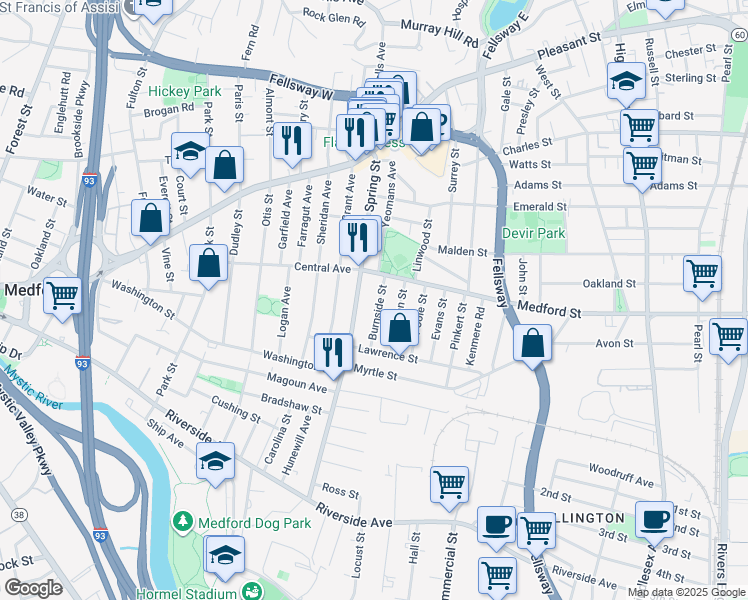 map of restaurants, bars, coffee shops, grocery stores, and more near 63 Burnside Street in Medford