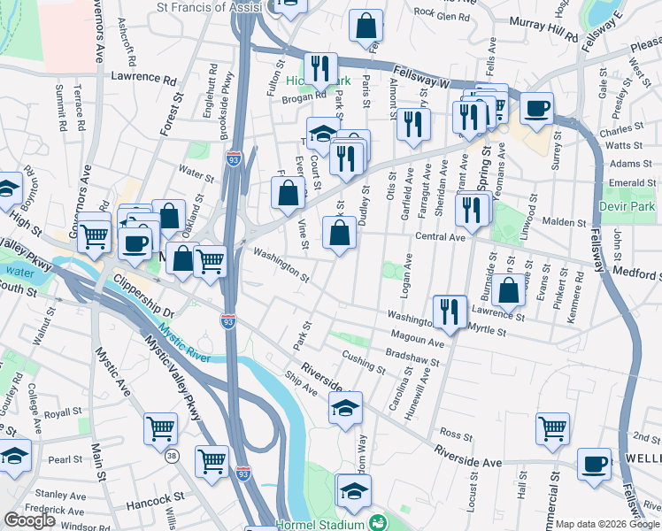 map of restaurants, bars, coffee shops, grocery stores, and more near 107 Park Street in Medford