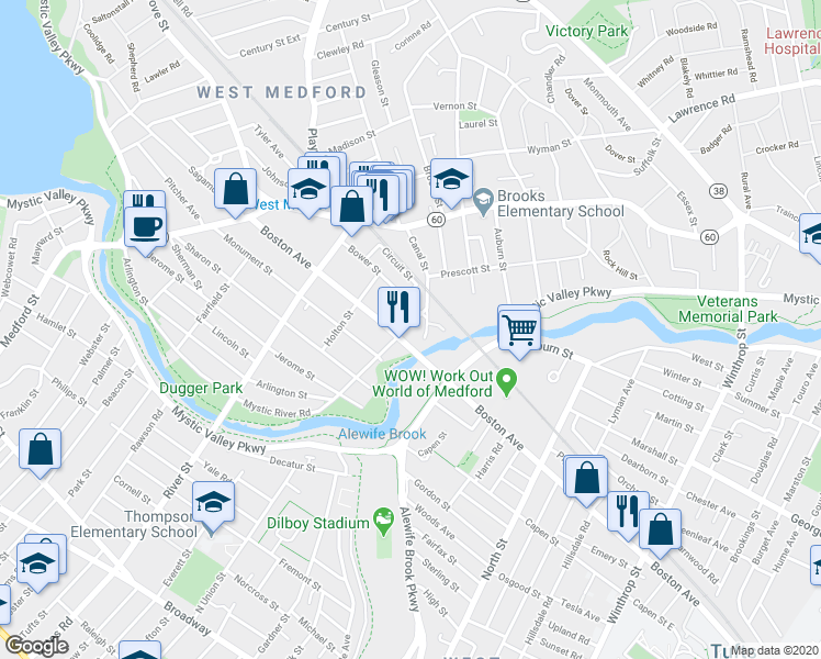 map of restaurants, bars, coffee shops, grocery stores, and more near 11 Tontine Street in Medford