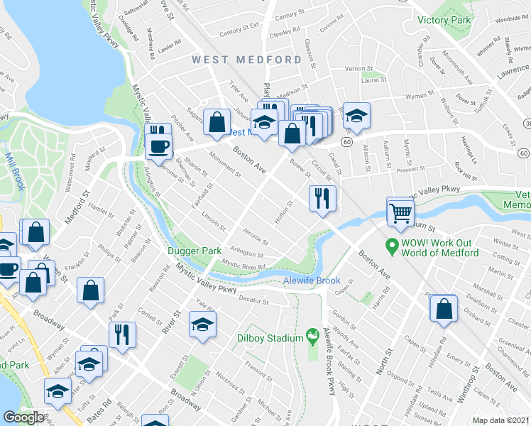 map of restaurants, bars, coffee shops, grocery stores, and more near 95 Monument Street in Medford