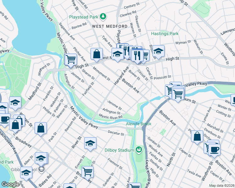 map of restaurants, bars, coffee shops, grocery stores, and more near 95 Monument Street in Medford