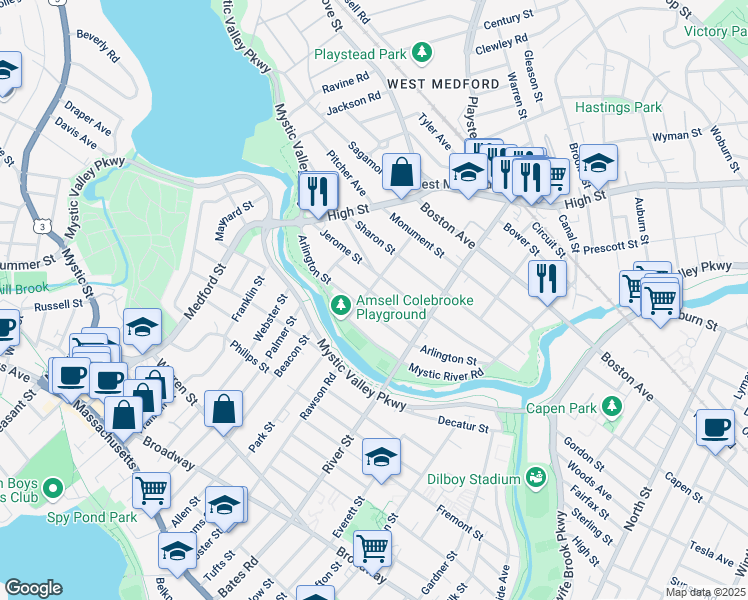 map of restaurants, bars, coffee shops, grocery stores, and more near 44 Fairfield Street in Medford