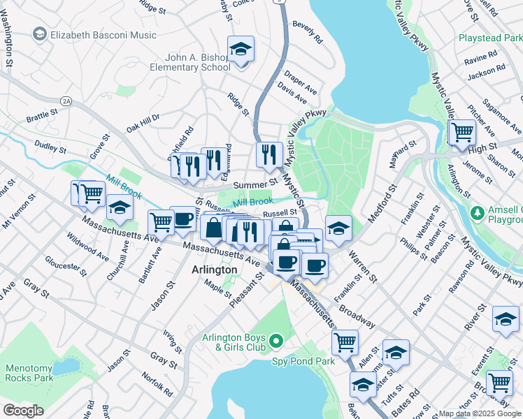 map of restaurants, bars, coffee shops, grocery stores, and more near 40 Water Street in Arlington