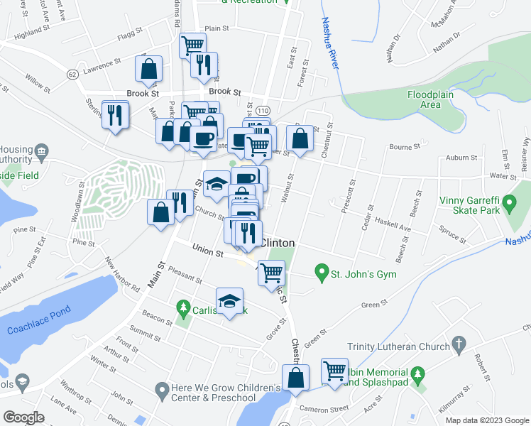 map of restaurants, bars, coffee shops, grocery stores, and more near 32 Pierce Place in Clinton