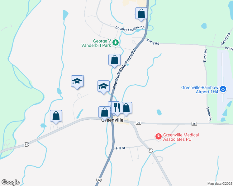 map of restaurants, bars, coffee shops, grocery stores, and more near 11245 New York 32 in Greenville