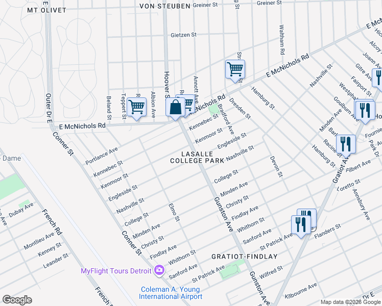map of restaurants, bars, coffee shops, grocery stores, and more near 12741 Gunston Street in Detroit