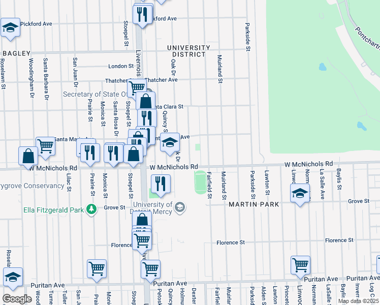 map of restaurants, bars, coffee shops, grocery stores, and more near 17198 Oak Drive in Detroit