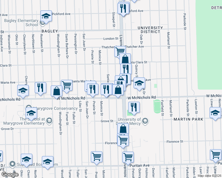map of restaurants, bars, coffee shops, grocery stores, and more near 17197 Stoepel Street in Detroit