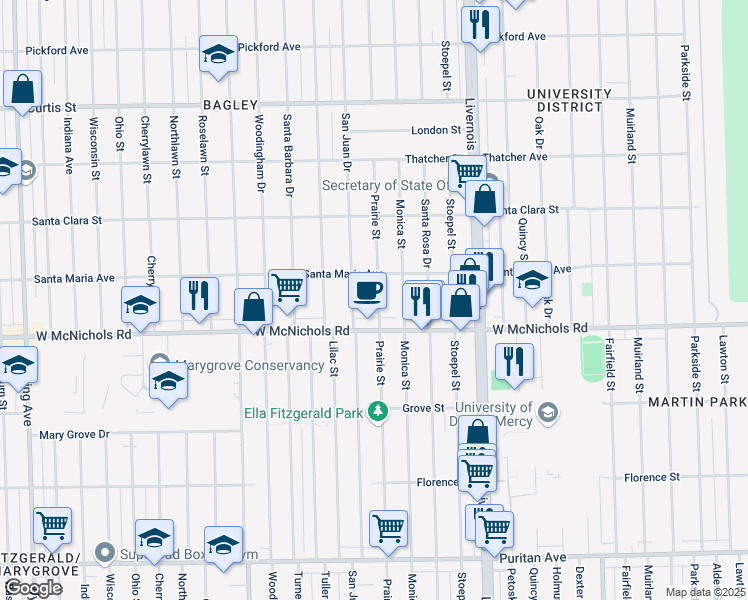 map of restaurants, bars, coffee shops, grocery stores, and more near 17196 Prairie Street in Detroit