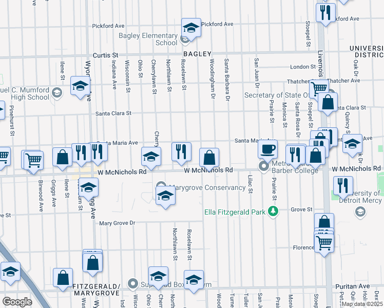 map of restaurants, bars, coffee shops, grocery stores, and more near 17203 Roselawn Street in Detroit