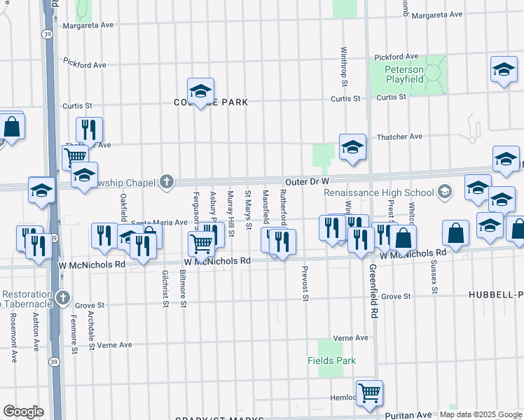 map of restaurants, bars, coffee shops, grocery stores, and more near 17358 Saint Marys Street in Detroit