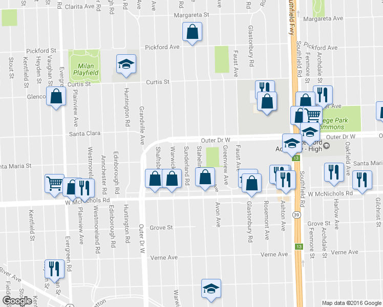 map of restaurants, bars, coffee shops, grocery stores, and more near 17292 Sunderland Road in Detroit