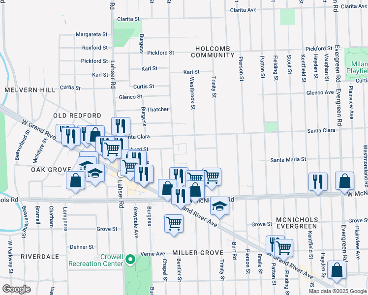 map of restaurants, bars, coffee shops, grocery stores, and more near 21331 Santa Clara in Detroit