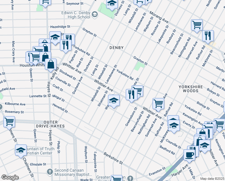 map of restaurants, bars, coffee shops, grocery stores, and more near Whittier St & Wayburn St in Detroit
