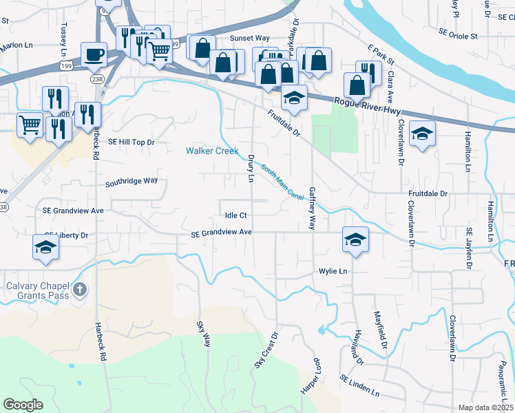 map of restaurants, bars, coffee shops, grocery stores, and more near 892 Kendall Drive in Grants Pass