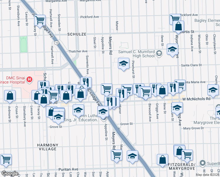 map of restaurants, bars, coffee shops, grocery stores, and more near 17303 Meyers Road in Detroit