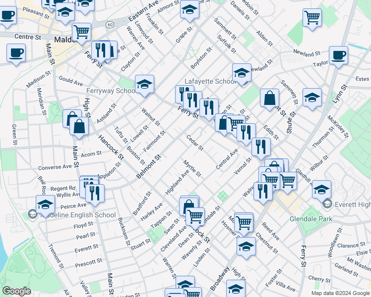 map of restaurants, bars, coffee shops, grocery stores, and more near 224 Bradford Street in Everett