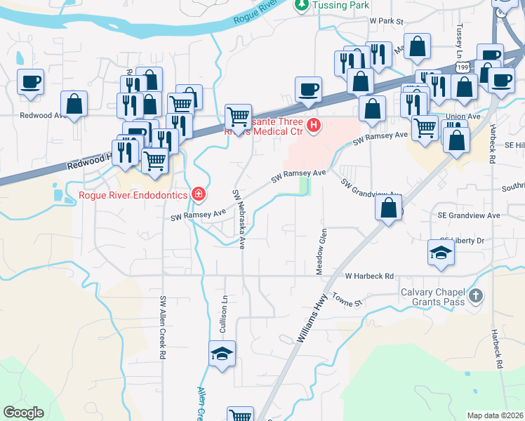 map of restaurants, bars, coffee shops, grocery stores, and more near 715 Southwest Ramsey Avenue in Grants Pass