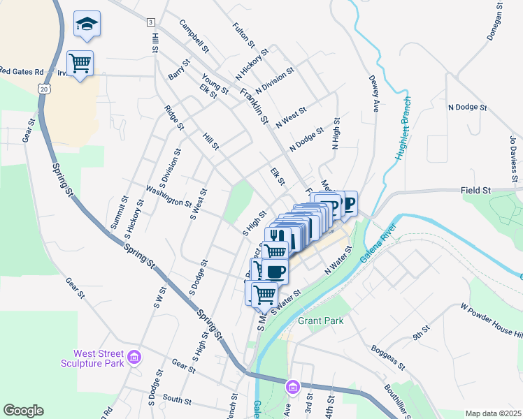 map of restaurants, bars, coffee shops, grocery stores, and more near 405 Hill Street in Galena