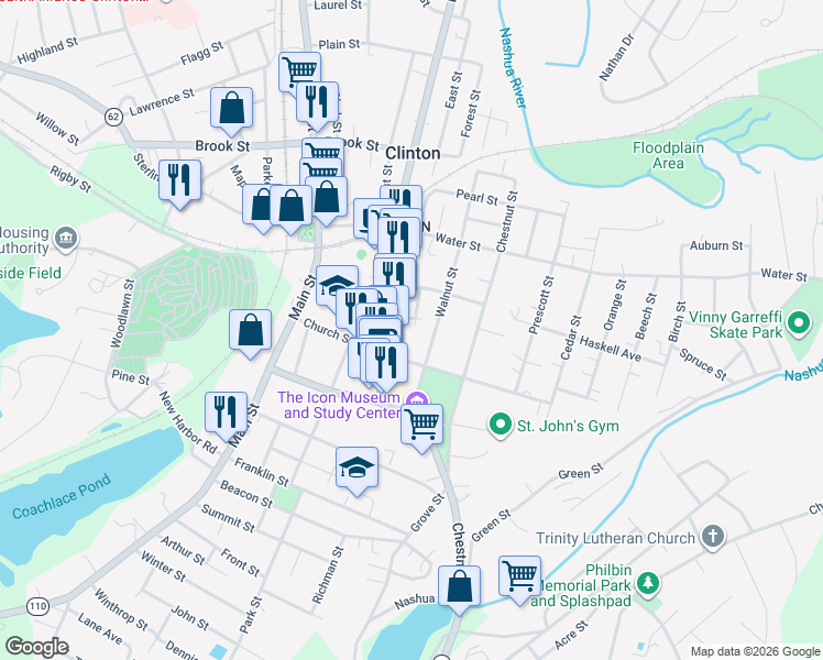 map of restaurants, bars, coffee shops, grocery stores, and more near 43 White Court in Clinton