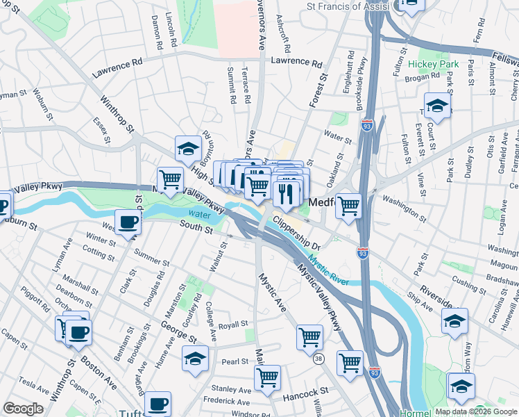 map of restaurants, bars, coffee shops, grocery stores, and more near 10 High Street in Medford