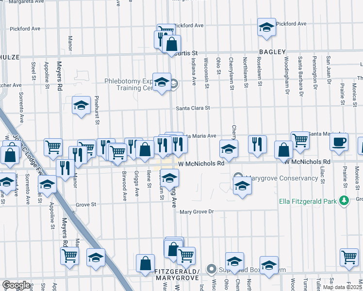 map of restaurants, bars, coffee shops, grocery stores, and more near 17204 Wyoming Avenue in Detroit