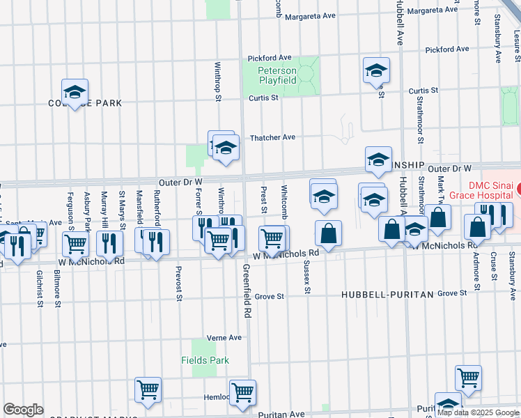 map of restaurants, bars, coffee shops, grocery stores, and more near 17346 Greenfield Road in Detroit