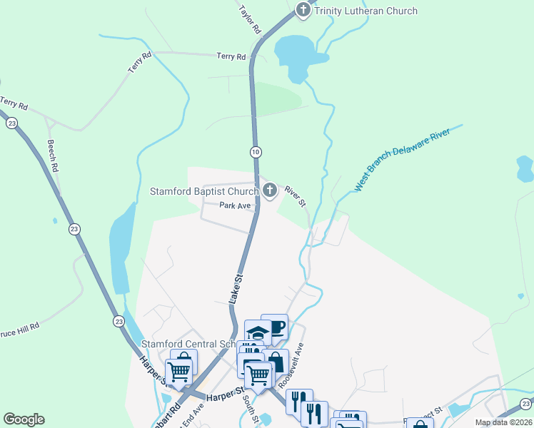 map of restaurants, bars, coffee shops, grocery stores, and more near 38 Lake Street in Stamford
