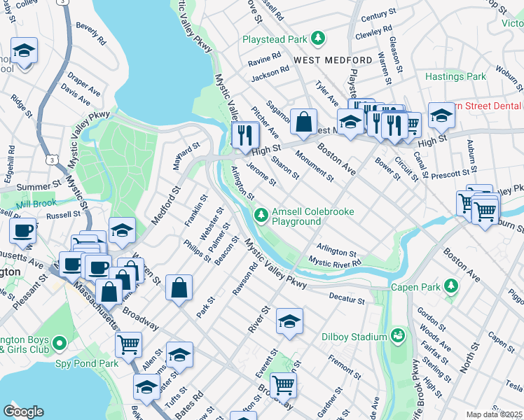 map of restaurants, bars, coffee shops, grocery stores, and more near 65 Arlington Street in Medford